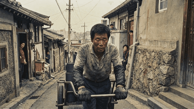 Man pushing coal cart in narrow alley