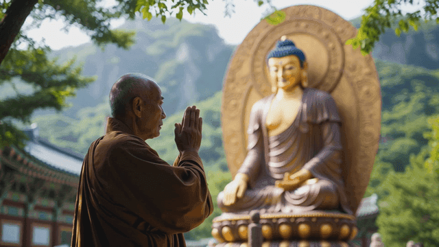 부처상 앞에서 기도하는 늙은 승려
