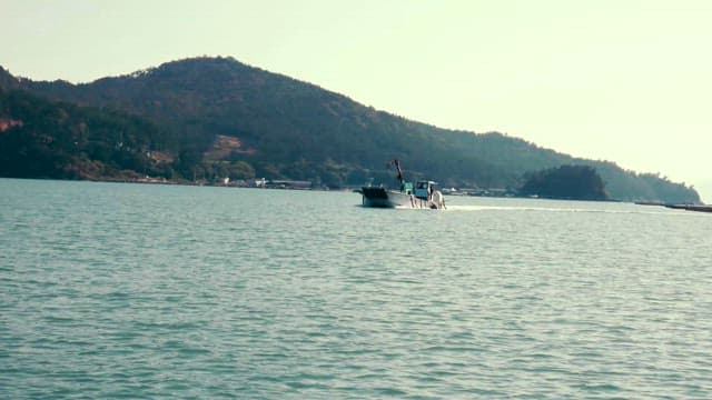 해변 근처 해상을 가로지르는 보트 한 척