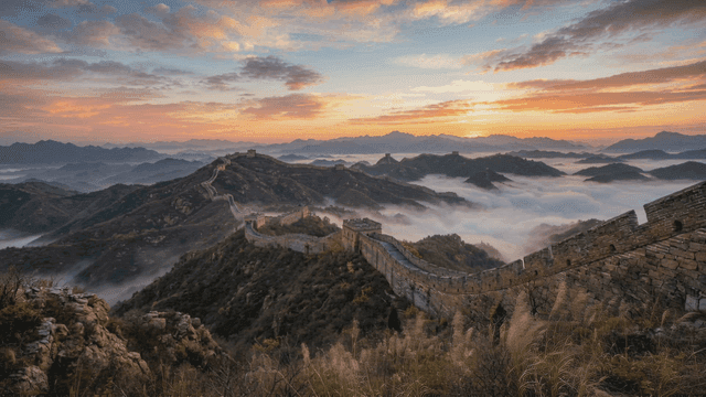 Great Wall at sunrise with misty mountains