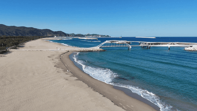 Tranquil beach with modern bridge
