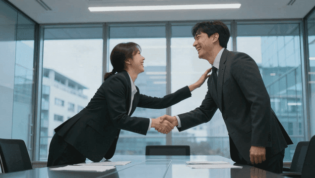 회의실에서의 비즈니스 미팅 악수하는 회사원들