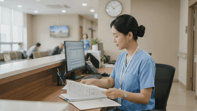 Nurse organizing documents at hospital desk