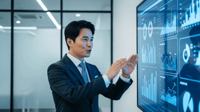 Businessman presenting data on a screen