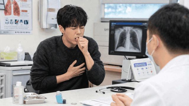 Young male patient coughing during medical consultation