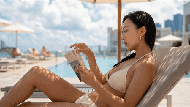 Woman reading by the pool on a sunny day