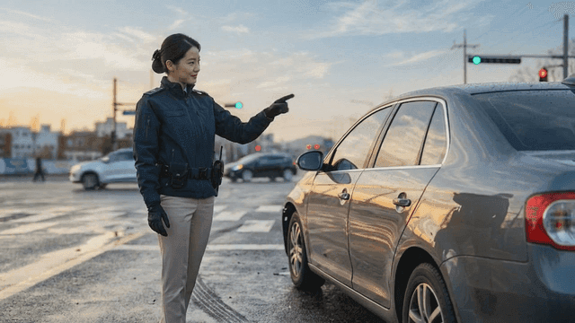 Police officer inspecting stopped car