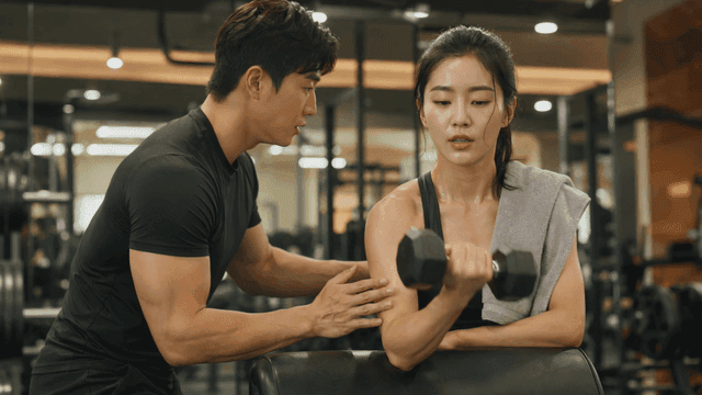 Man coaching woman on lifting dumbbells
