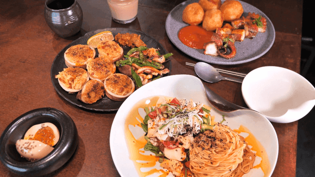 Various dishes on table