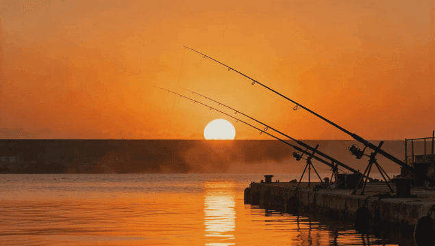 바다에서 일몰을 배경으로 한 낚싯대