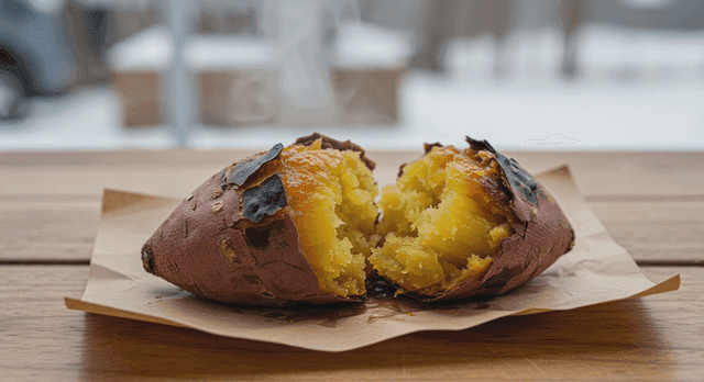 Steaming roasted sweet potato on a table