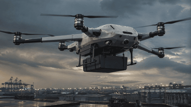 Drones unloading cargo over industrial areas
