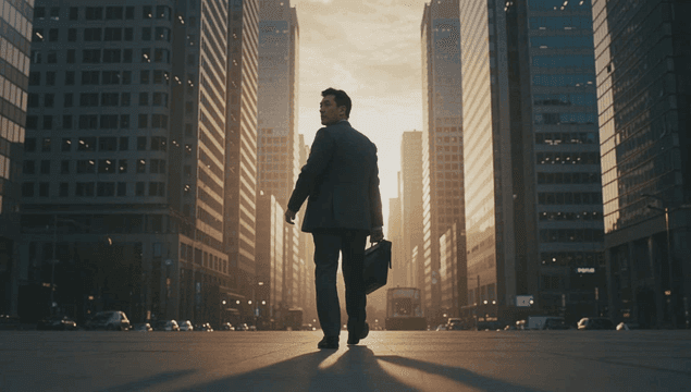 Back of an office worker walking down a street between buildings at sunrise