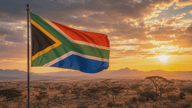 South African flag waving at sunset