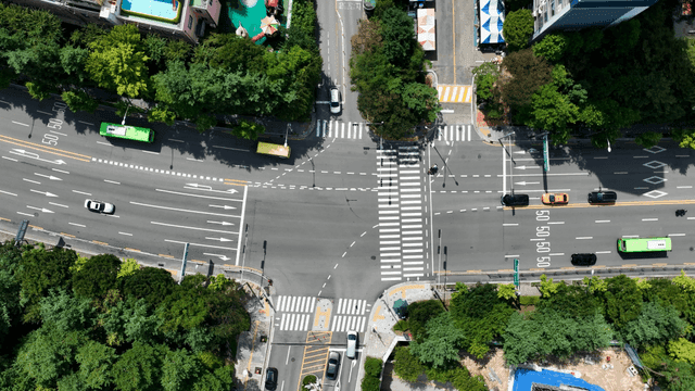 Aerial view of a busy city intersection