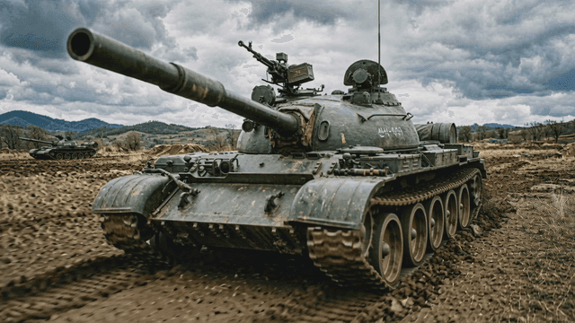 Tank driving on muddy road.