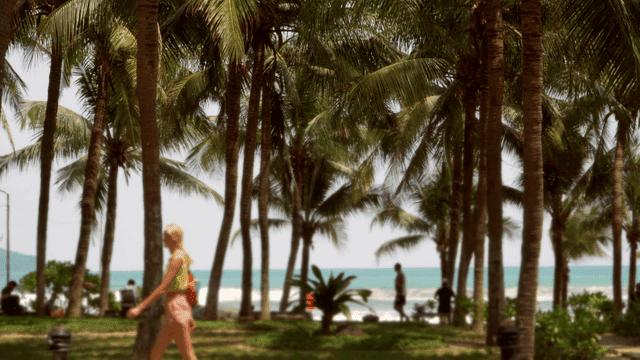 야자수가 있는 해변 공원과 사람들