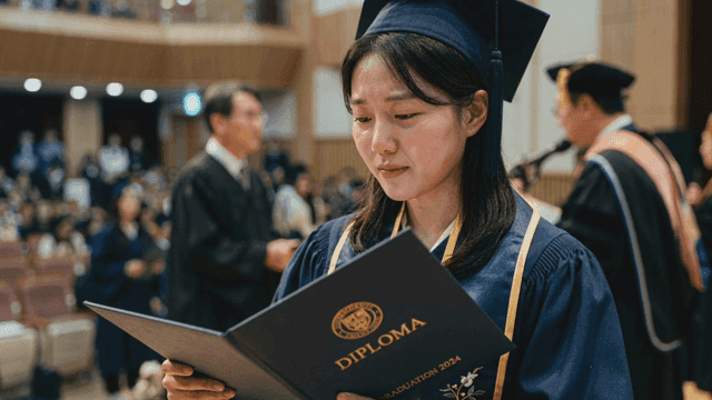 Graduate crying while holding their diploma at graduation ceremony