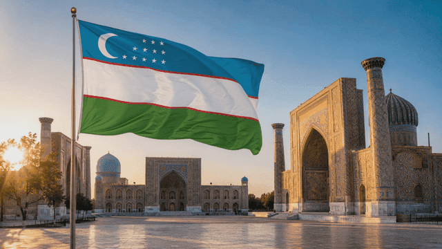 Setting sun over historic Uzbekistan with national flag