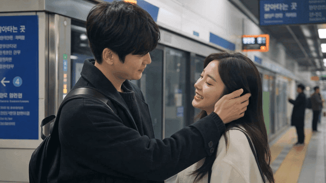 Couple sharing sweet moment at subway station