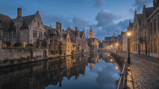 European village with river on foggy evening