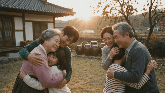 Families embracing each other in traditional courtyard