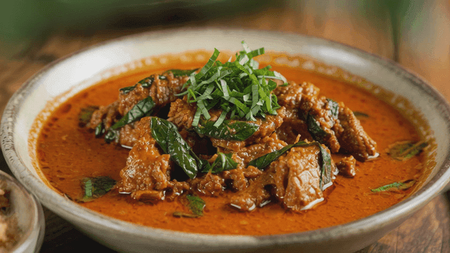 Bowl of Thai red curry topped with herbs