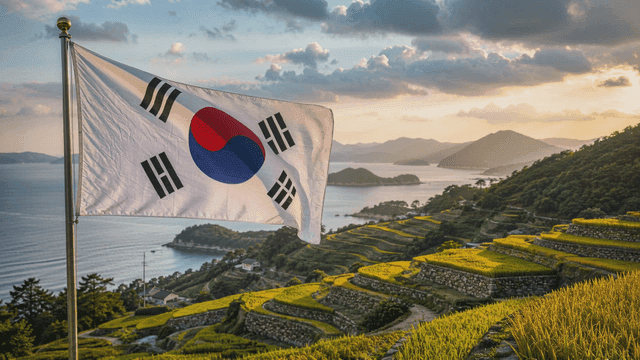계단식 논 위에 펄럭이는 태극기