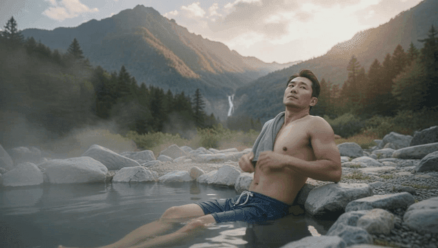 산 속 온천에서 휴식을 취하는 남성