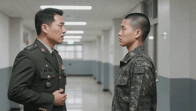 Officer smiling while looking straight at new recruit