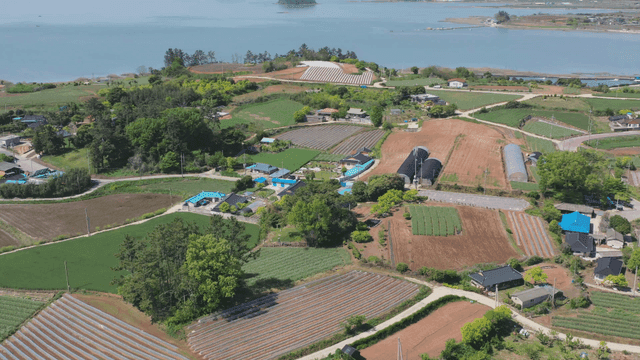 들판과 호수가 있는 아름다운 시골 마을