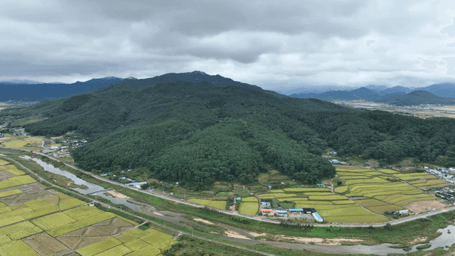Aerial view of lush green mountains and farmland