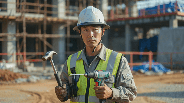 Construction worker holding tools at site