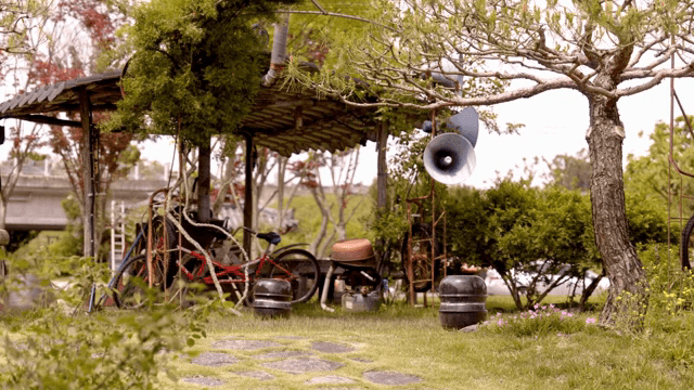 자전거와 나무가 있는 고요한 정원