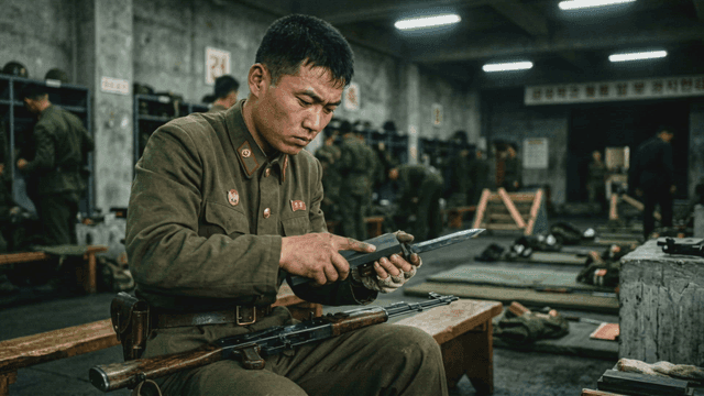 North Korean soldiers sharpening knife in barracks