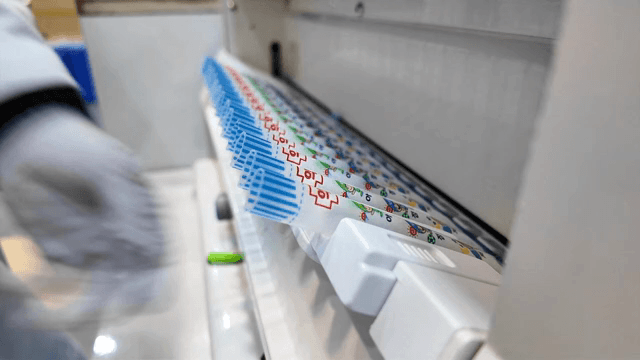 Gloved hands handling test tubes in a lab