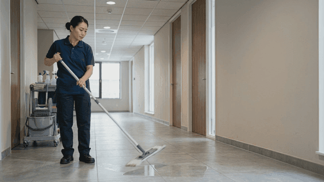 Female cleaner cleaning hallway
