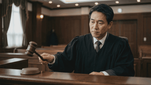 Judge holding gavel in court