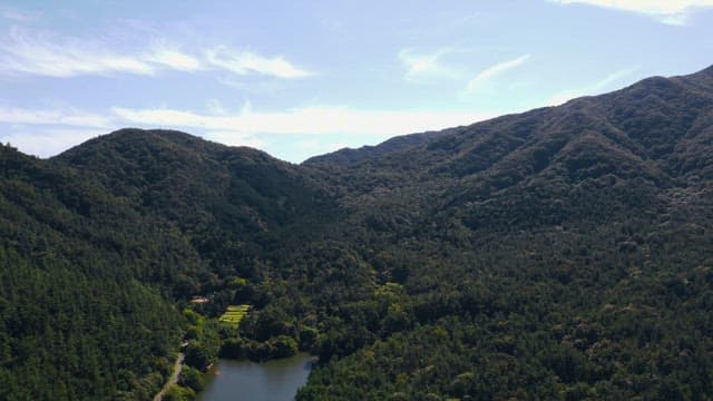 Green mountains stretching out under a clear blue sky