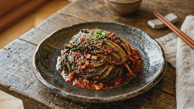 Plate of freshly made gat kimchi