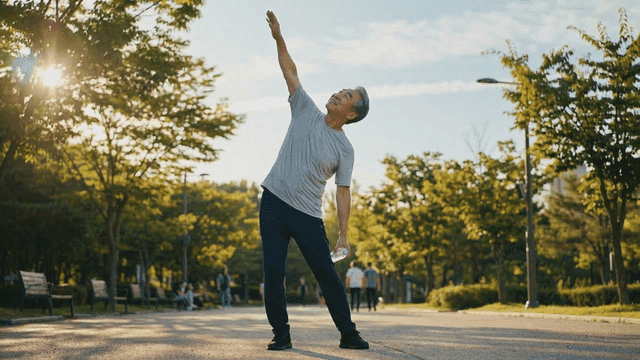 Elderly person doing stretching exercises in sunny park