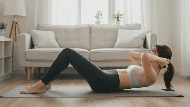 매트 위에서 윗몸 일으키기를 하는 여성