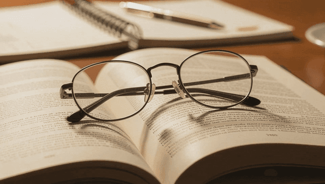 조명 아래 책 위에 놓인 안경