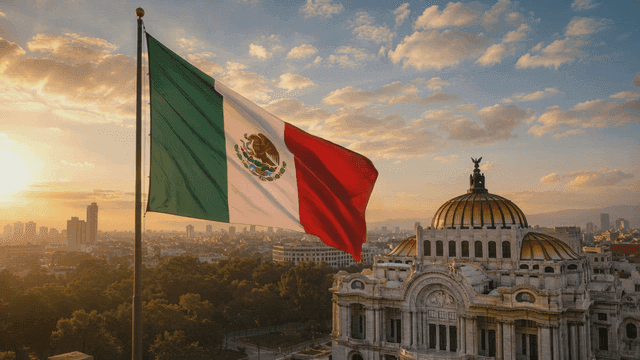 Mexican flag waving near a historic building