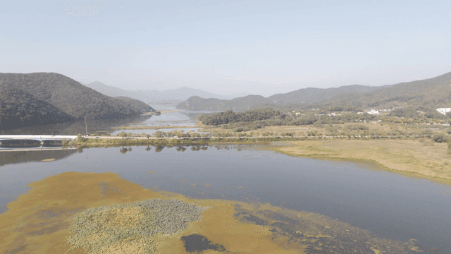 Quiet river with mountains visible in distance