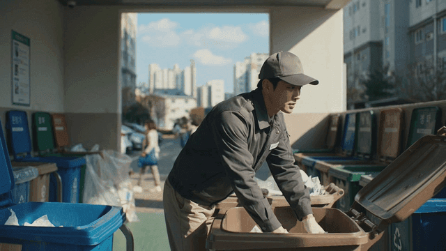 Security guard sorting recyclables at recycling center