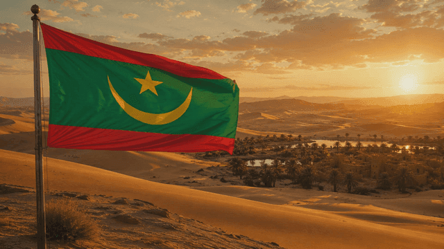 Flag of Islamic Republic of Mauritania fluttering in desert at sunset