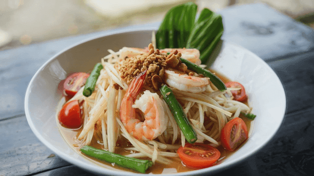 Plate of Som Tum, papaya salad with shrimp