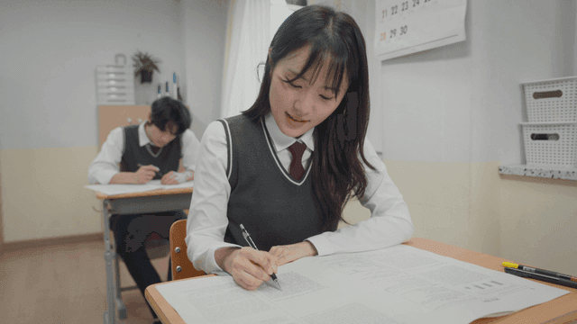 교실에서 시험에 집중하며 미소 짓는 학생