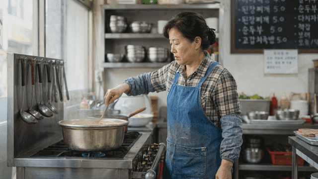 Woman cooking in Korean restaurant kitchen